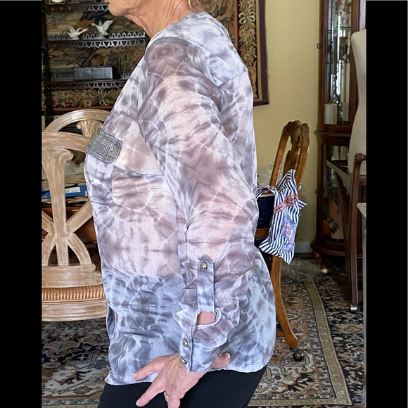 Inc. Gray Silver Glitz Button Blouse Mesh Sheer. - Picture 3 of 7